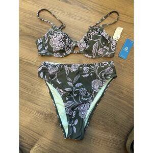 Cupshe Green Floral Bikini Set Small Underwire Top High Cut Bottom NWT